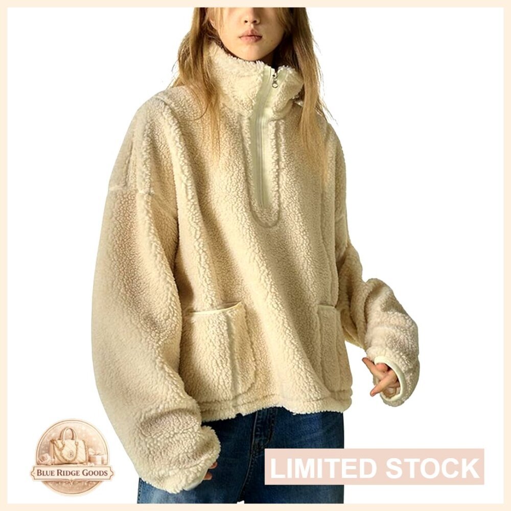 Sherpa Fleece Zip Up Hoodie Oversized Pullover Sweater with Pockets Y2K Chic